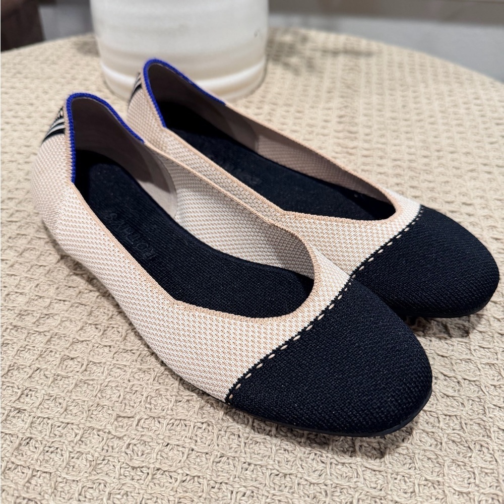 Rothy's Beige and Black Flats with Blue Trim